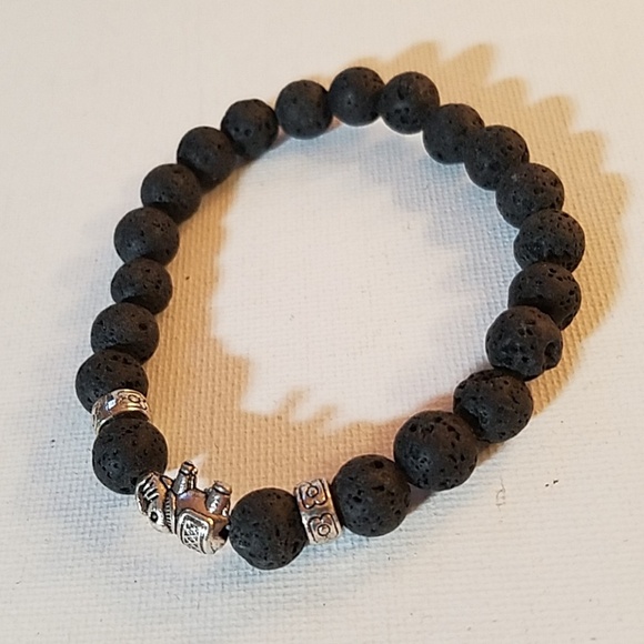 Porous Black Beads w Silver Elephant 9" Stretch. - Picture 1 of 2